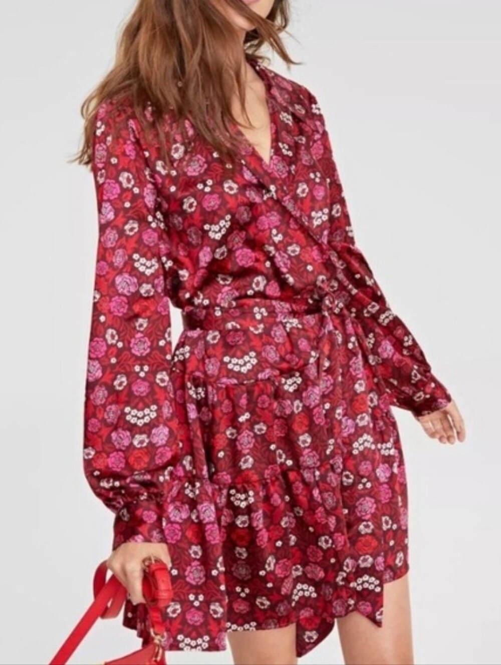 On 34th Satin Floral Red Long Sleeve Collar Dress Sz L